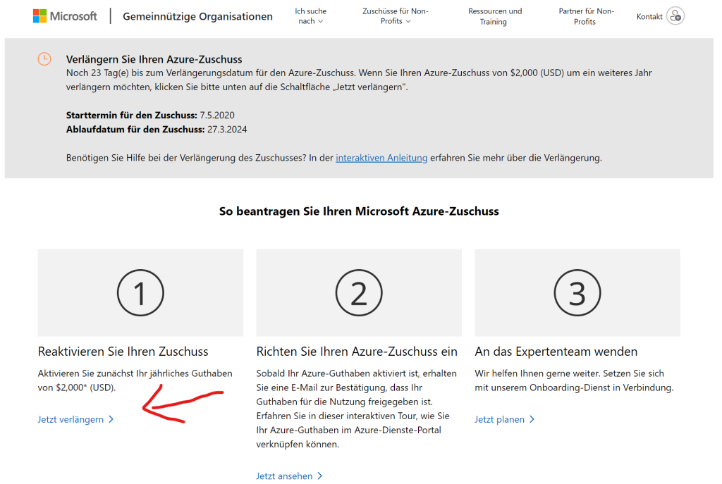 Azure Zuschuss verlängern