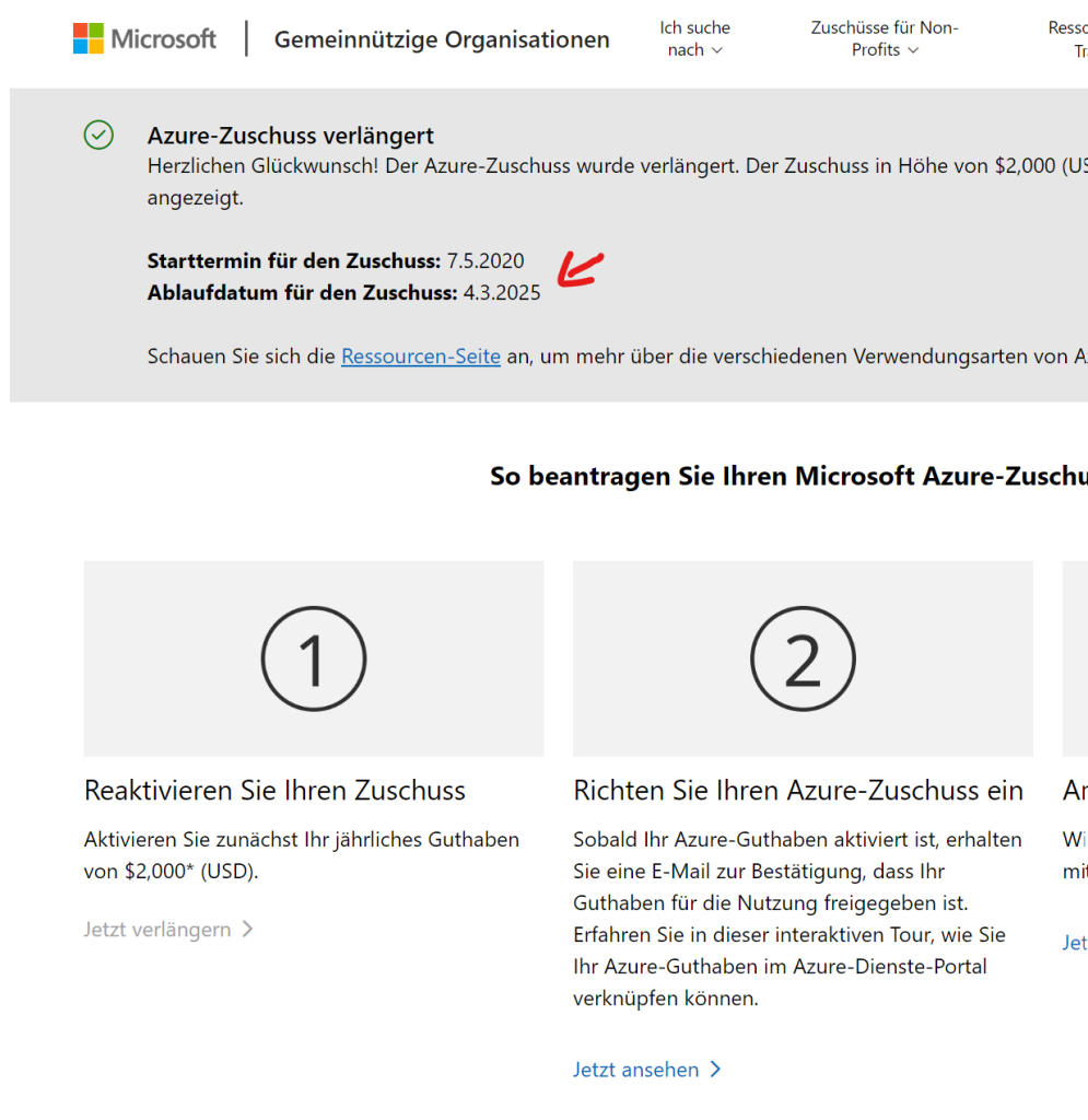 Azure Zuschuss verlängern